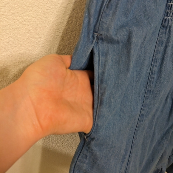 Nationals Embroidered denim Ruffle Midi Dress with flowers, ruching & pockets M - Picture 6 of 9